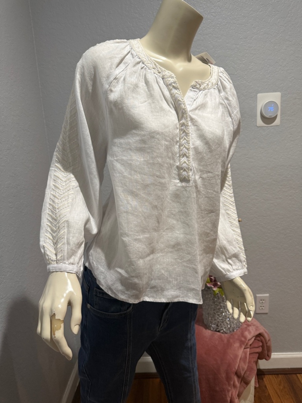 J. McLaughlin White Blouse with Textured Sleeves